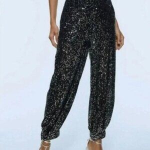 Zara Black Sequin Jogger Pants – Size M | Party / Holiday